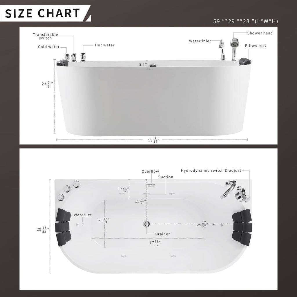 Empava 59 in. Acrylic Freestanding Tub Hydromassage Gracefully Oval Shaped Whirlpool 8 Water Jets Soaking SPA, Double-Ended Massage Bathtub with Two Black Pillow