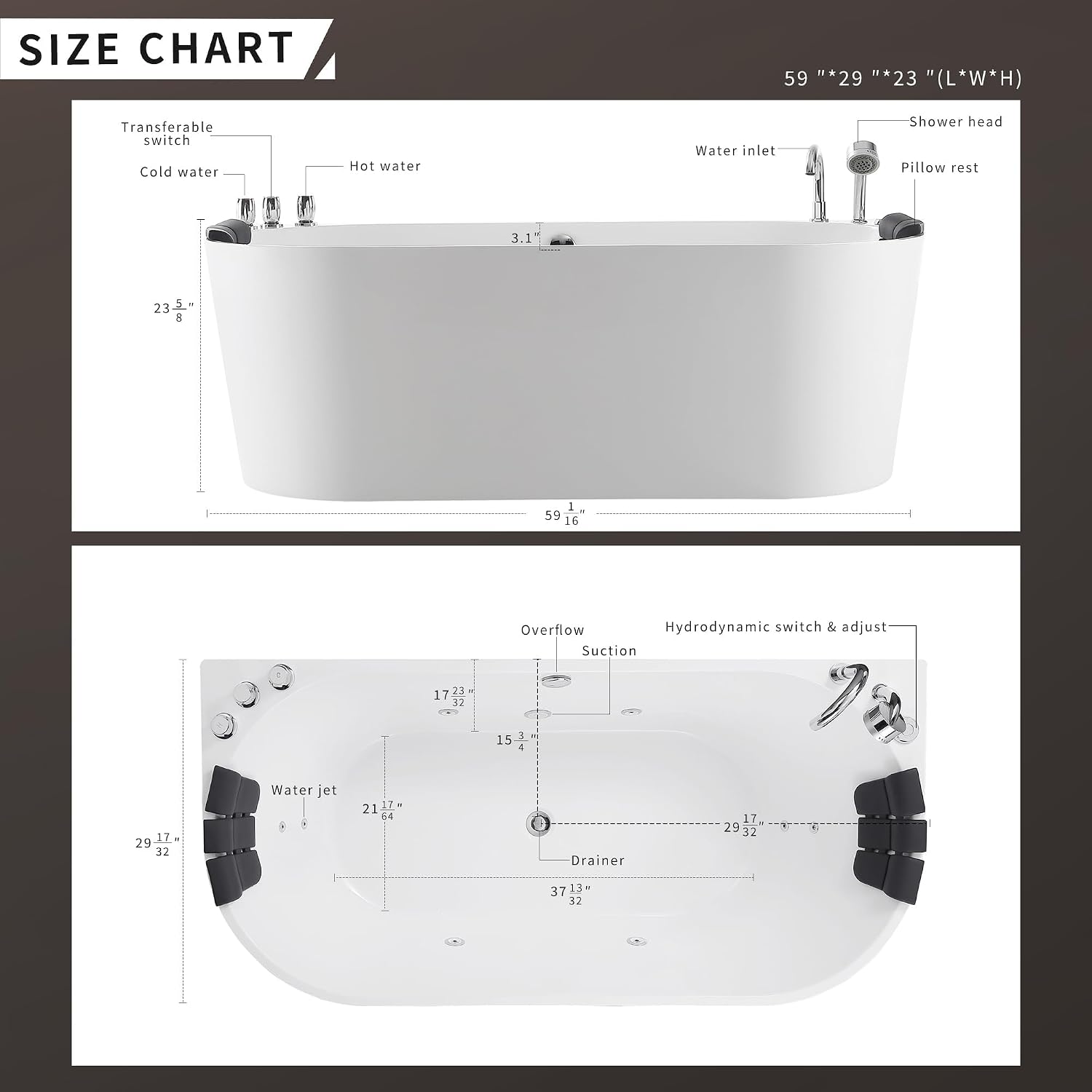 Empava 59 in. Acrylic Freestanding Tub Hydromassage Gracefully Oval Shaped Whirlpool 8 Water Jets Soaking SPA, Double-Ended Massage Bathtub with Two Black Pillow