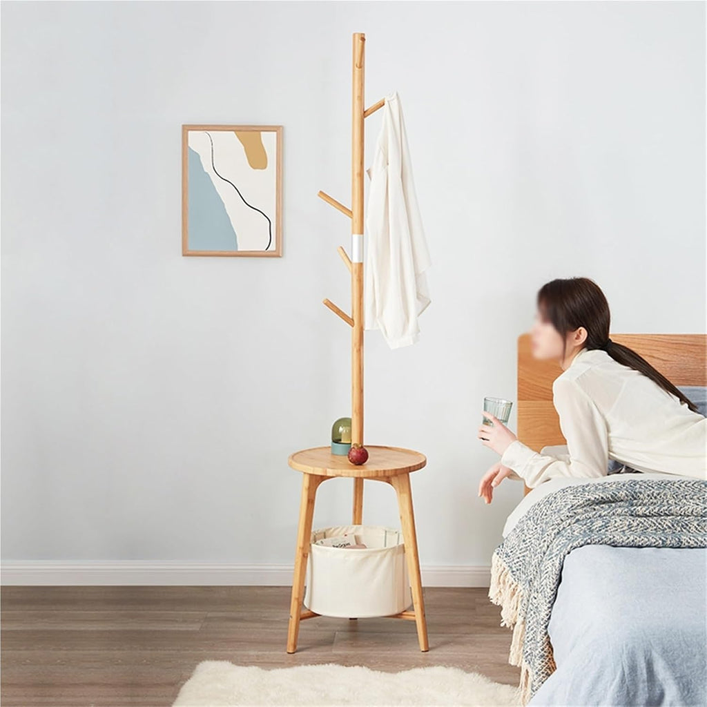 Bamboo Floor Clothing Rack with Storage Shelf, Freestanding Garment Hanger for Bedroom Living Room(Grey)