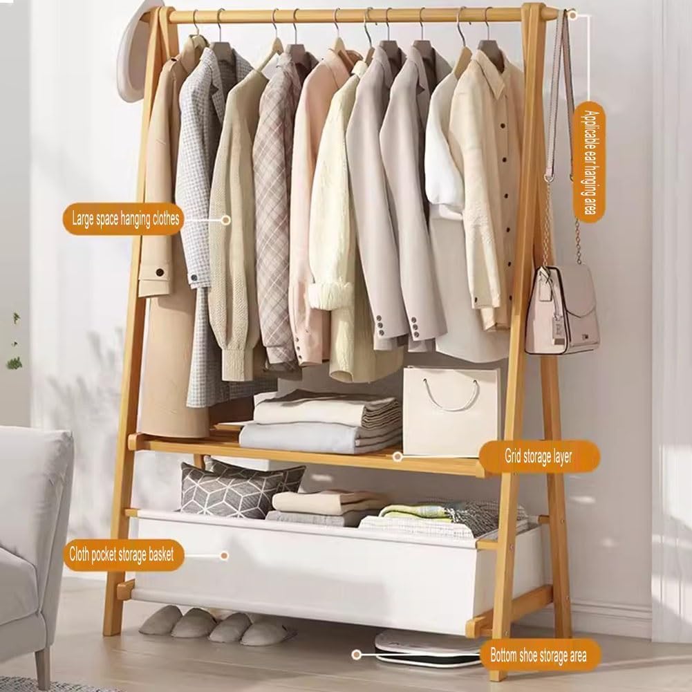 zktoermn Foldable Floor Mounted Coat Rack, with Large Storage Bag Clothes Organizer Stand 2-in-1 Freestanding Garment Rack for Bedroom, Laundry Room, Living-Room (Color : Natural, Size : 86x40x159cm)