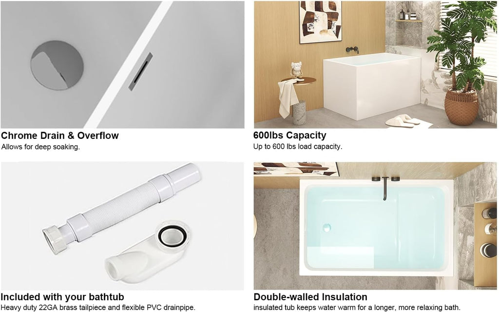 43' Freestanding Acrylic Bathtub with Seat, Spacious Rectangle Design, Premium Gloss White Finish, Chrome Overflow Drain