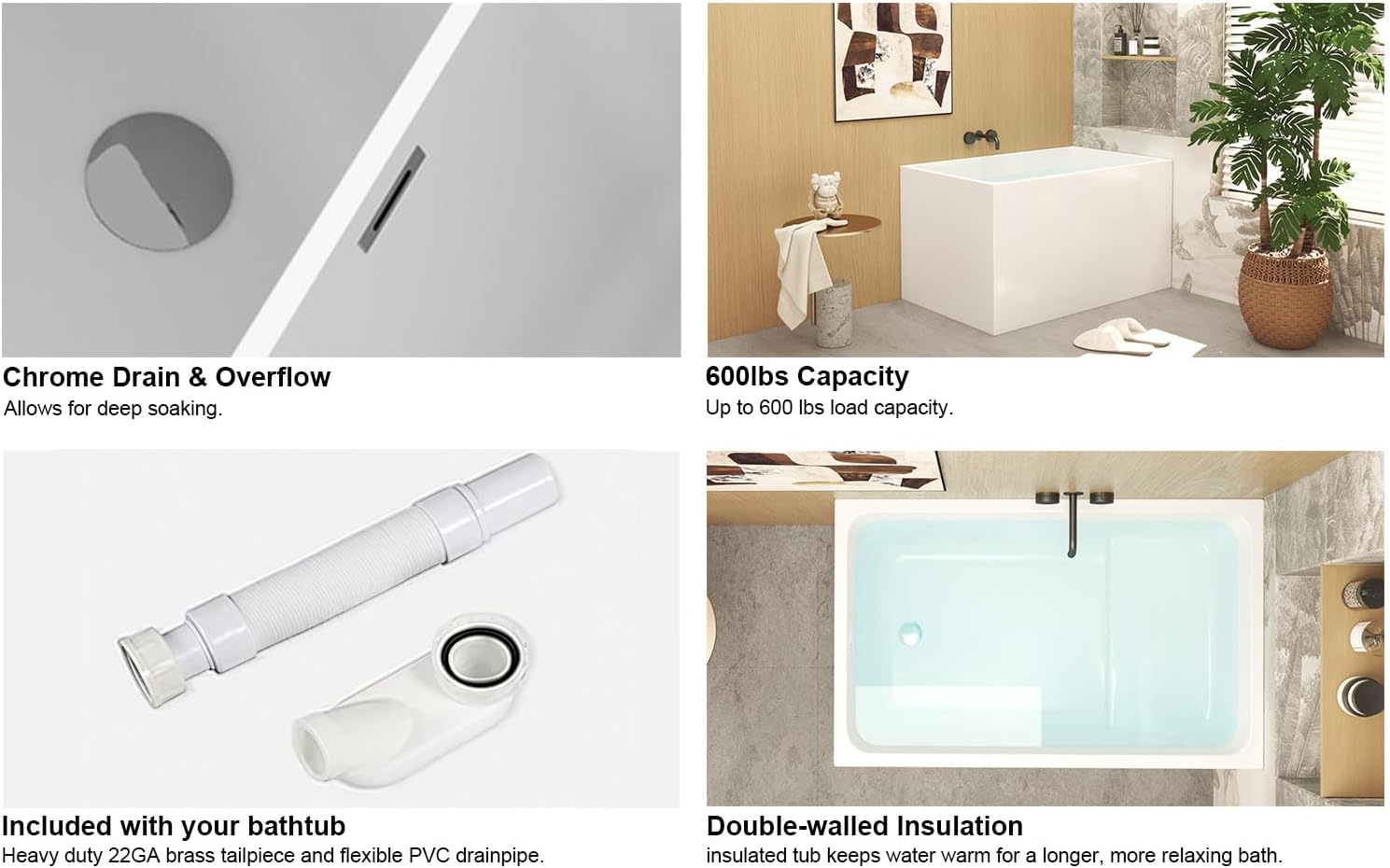 43' Freestanding Acrylic Bathtub with Seat, Spacious Rectangle Design, Premium Gloss White Finish, Chrome Overflow Drain