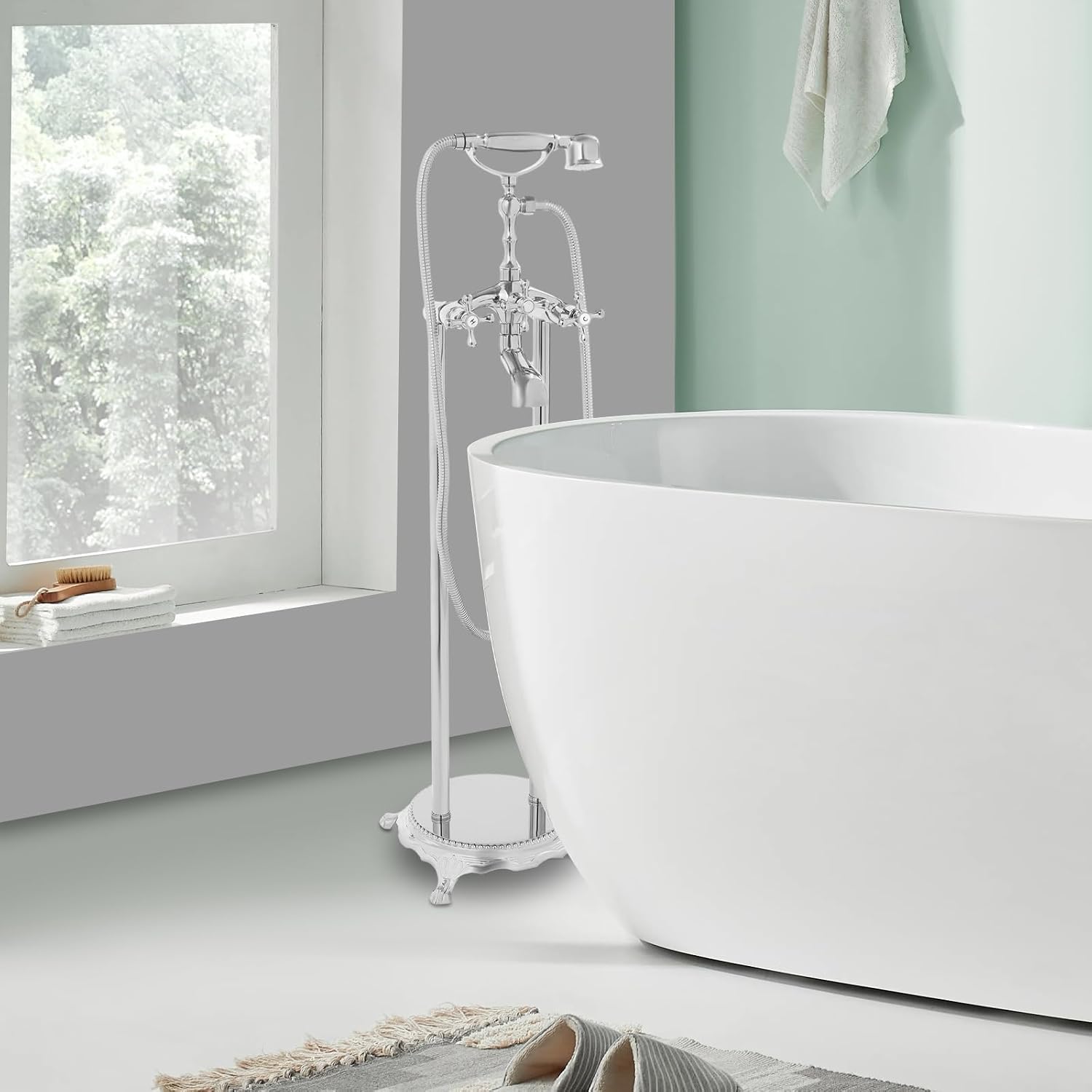Freestanding Bathtub Faucet, Tub Filler with Handheld Shower, Brushed Nickel, Floor Mount Bathtub Faucet (Silver)