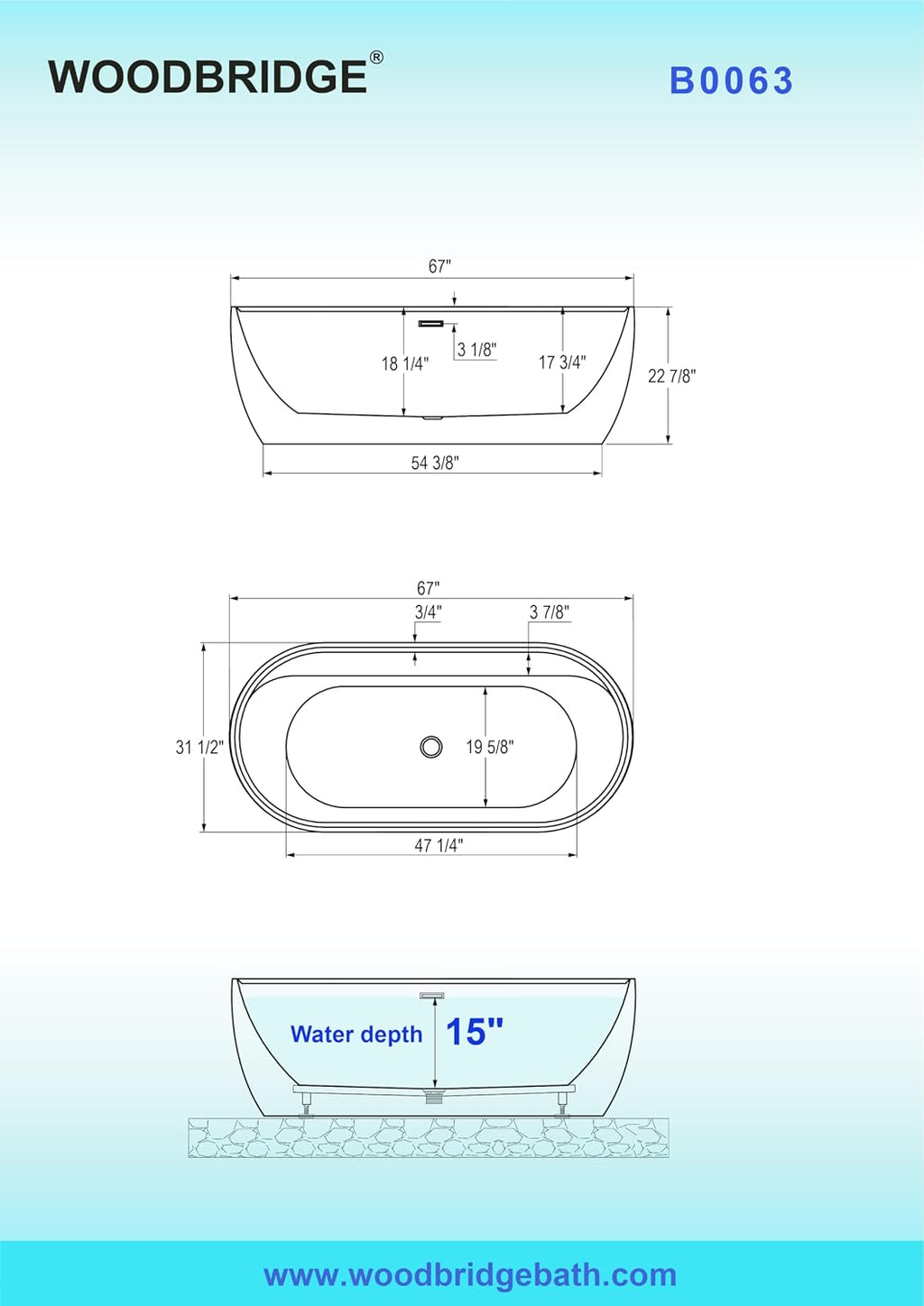 WOODBRIDGE 67' Acrylic Freestanding Bathtub Contemporary Soaking White Tub with Brushed Gold Overflow and Drain,B0063-BG