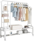 Heavy Duty Clothes Rail Rolling Garment Rack on Wheels Freestanding Metal Clothing Rack w/3-Tier Side Shelves & 2-Tier Shoe Rack for Bedroom Shop