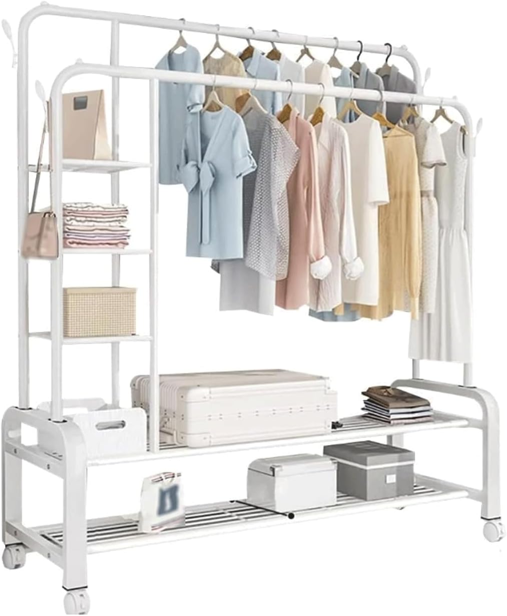 Heavy Duty Clothes Rail Rolling Garment Rack on Wheels Freestanding Metal Clothing Rack w/3-Tier Side Shelves & 2-Tier Shoe Rack for Bedroom Shop
