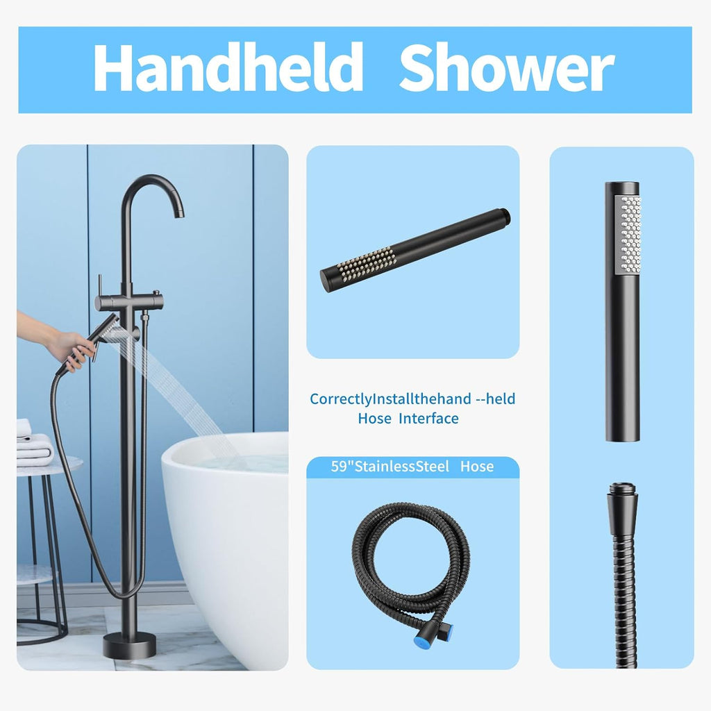 Freestanding Bathtub Faucet,Tub Filler Floor Mount Stand Bathtub Faucet Brass Bathroom Tub Faucets with 2 Function Hand Shower Wand Swivel Matte Black