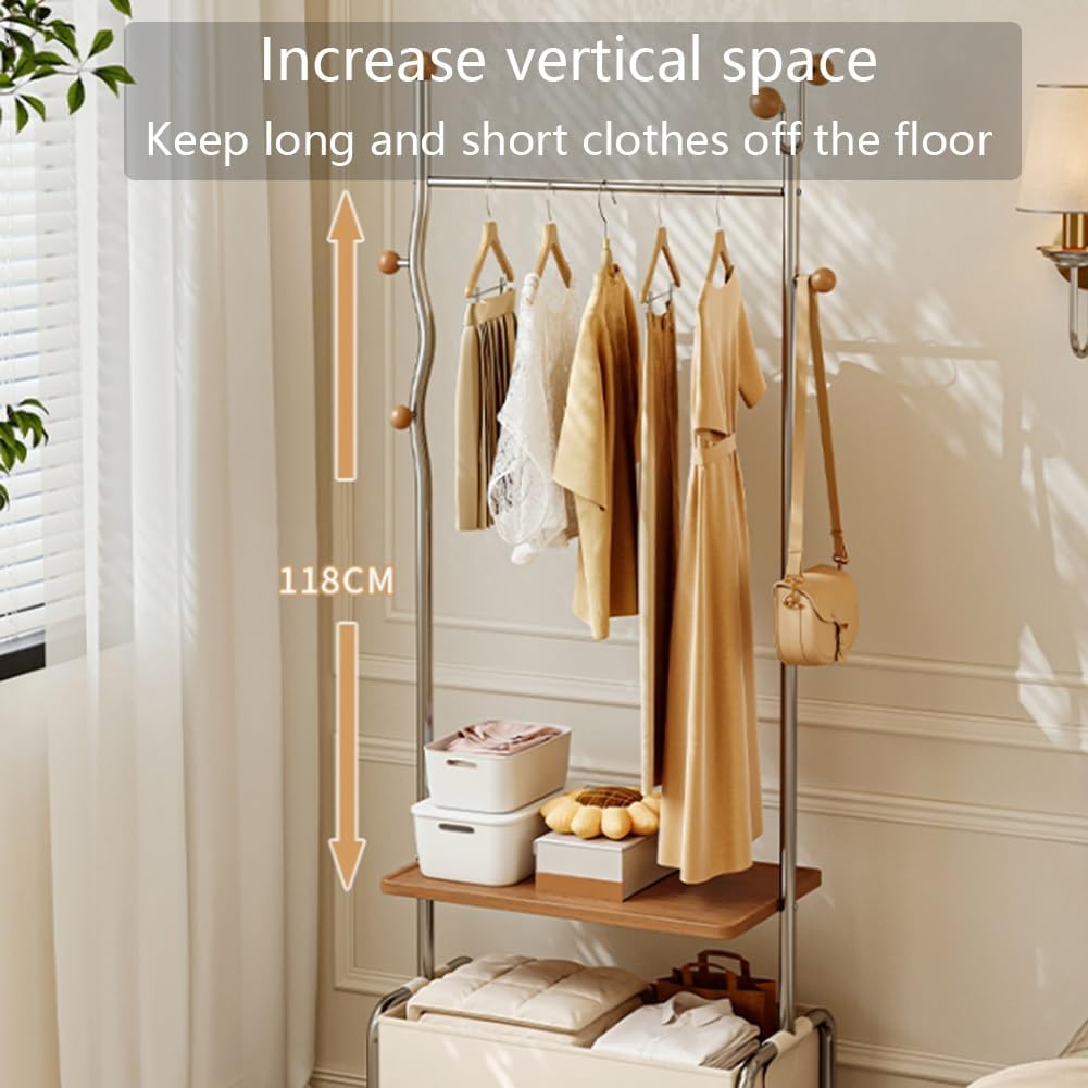 Floor-Standing Garment Rack, Coat Rack Freestanding with Storage Basket, Stable and Moveable, Rolling Clothes Rack for Bedroom, Balcony, Living Room(Black,60x32x183cm)