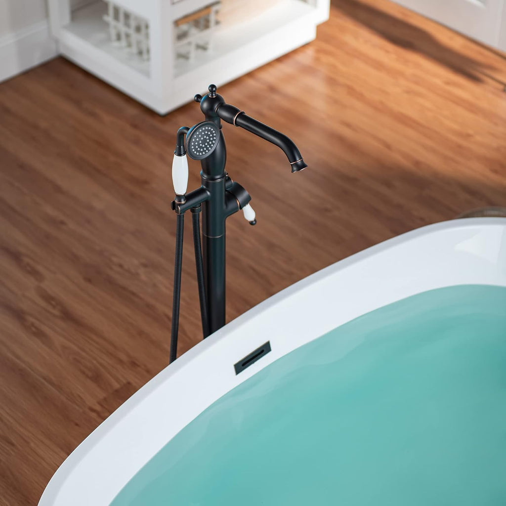 WOODBRIDGE Contemporary Single Handle Floor Mount Freestanding Tub Filler Faucet with Hand Shower in Oil Rubbed Bronze Finish