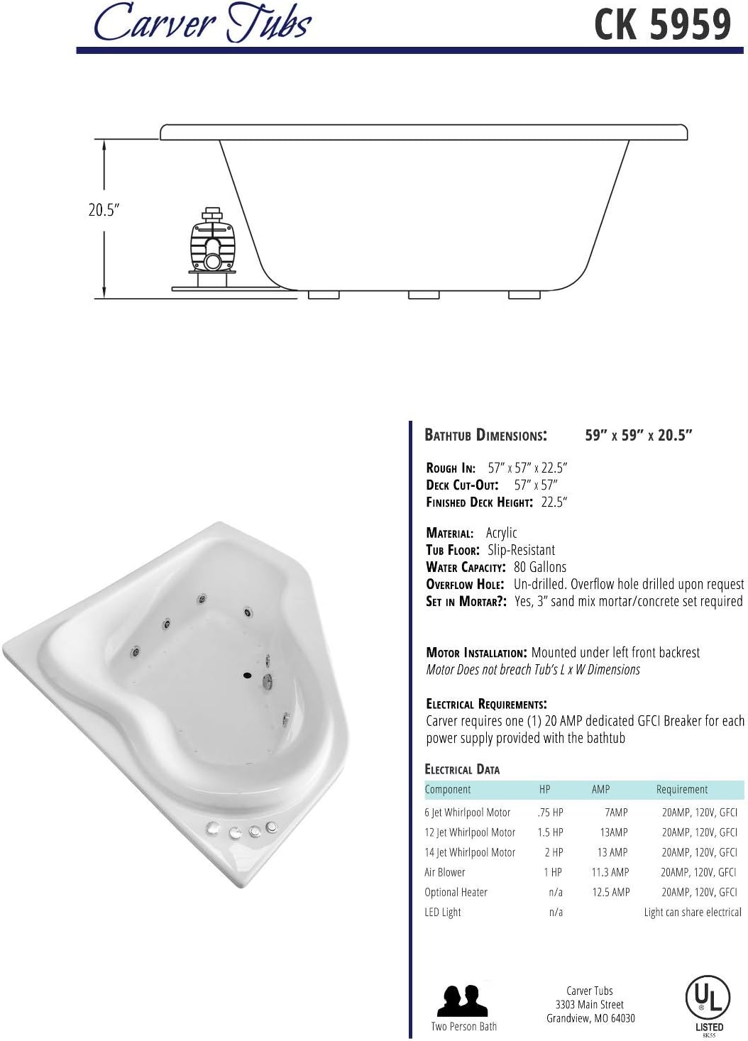 Carver Tubs - CK5959 - Modern Acrylic Whirlpool Tub Water Massage Two Person Bathtub, w/ 12 Jet - White Drop In Curved Triangle Two Person Acrylic Tub - Deep Relaxing Soak - 59'L x 59'W x 20.5'H