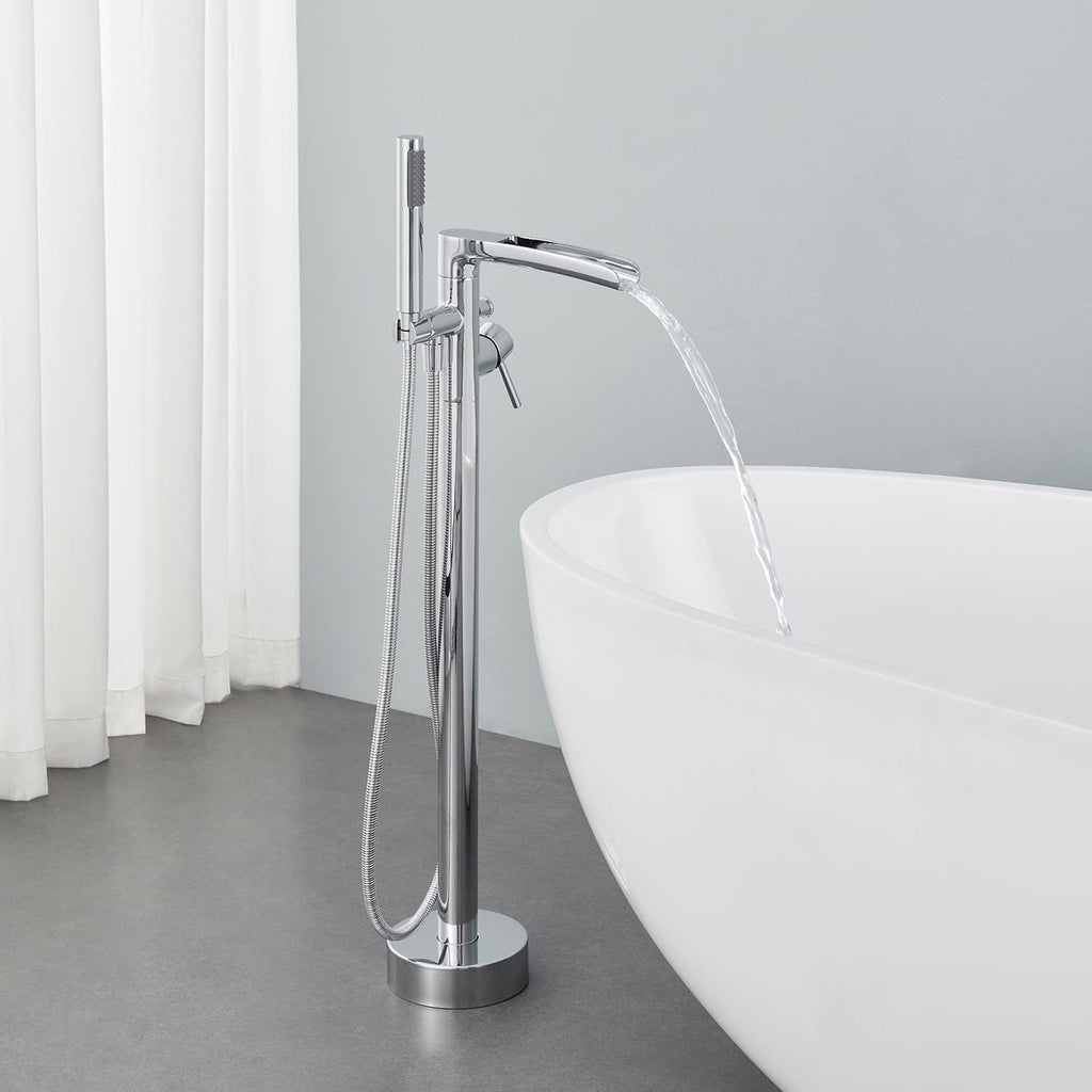 Wowkk Waterfall Freestanding Bathtub Faucet Chrome Floor Mount Tub Filler Brass Single Handle Bathroom Faucets with Hand Shower
