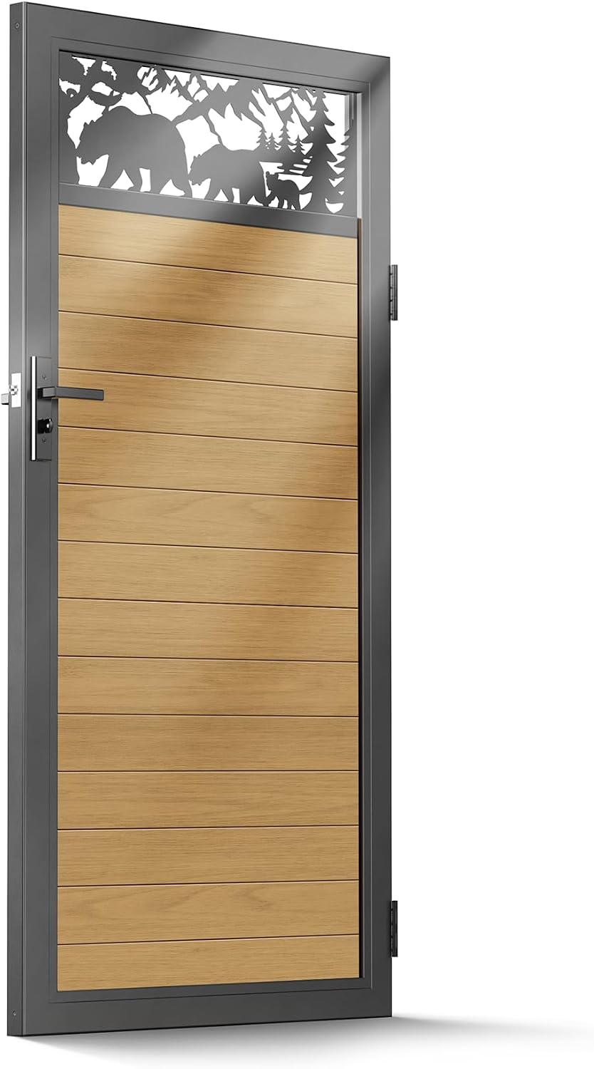 3x6 FT Aluminum Fence Gate Kit Wood Grain Aluminum Gate with Decorative Cutout, Lock & Hinges, Left/Right Opening, Weather Resistant for Yard Garden Patio