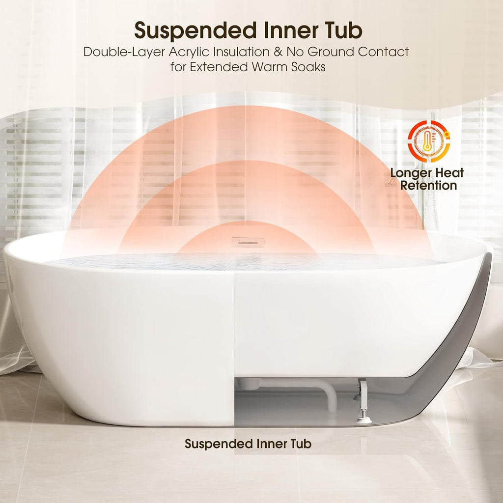 59' Acrylic Freestanding Bathtub, Double-Walled Insulated Soaking Tub with 17.3' Ergonomic Deep Design, Glossy White, Integrated Chrome Drain & Overflow, cUPC Certified Stand Alone Tub, Curved White