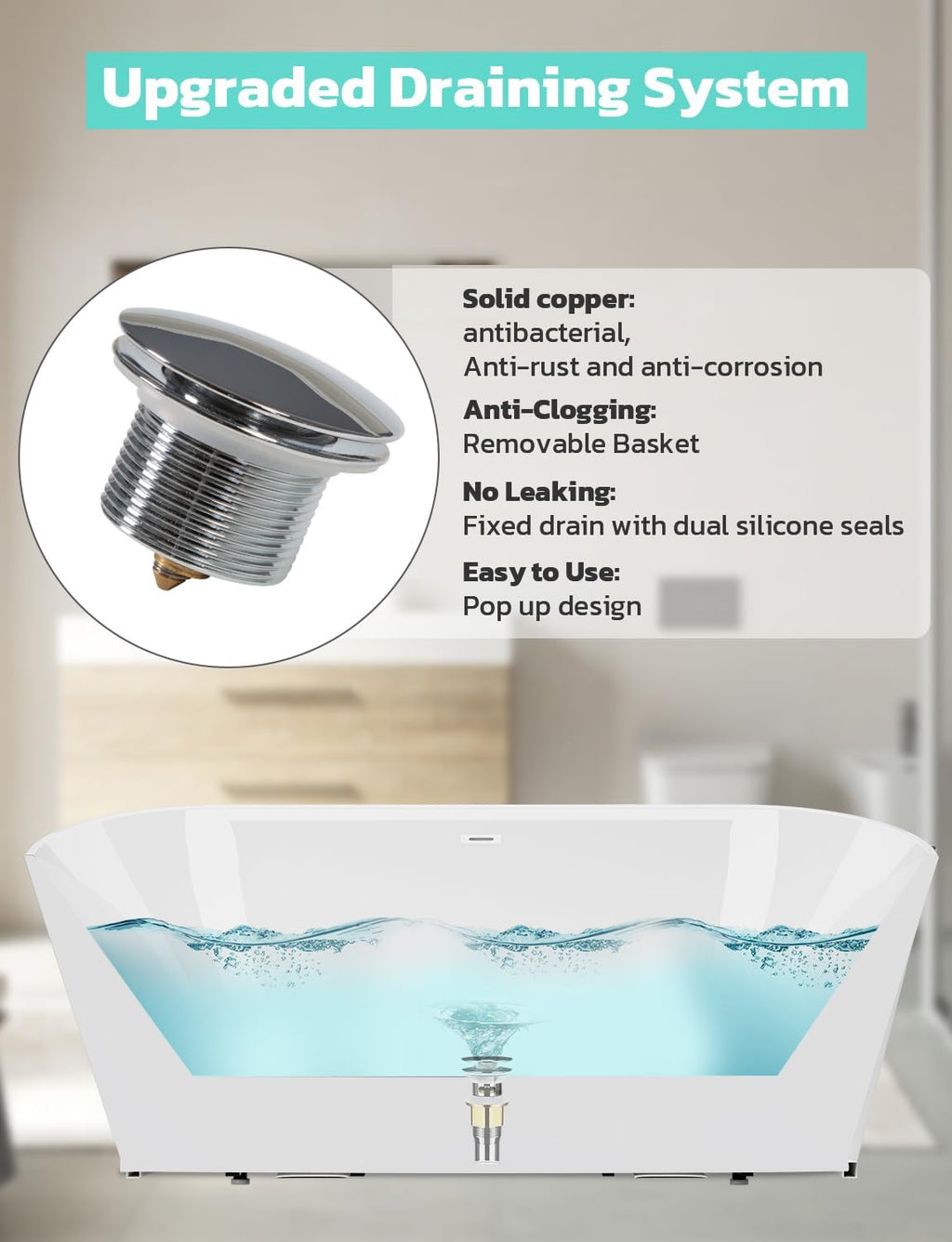 Zevemomo 59Inch Acrylic Freestanding Bathtub, Modern Stand Alone Soaking Tub with Brushed Nickel Overflow and Drain