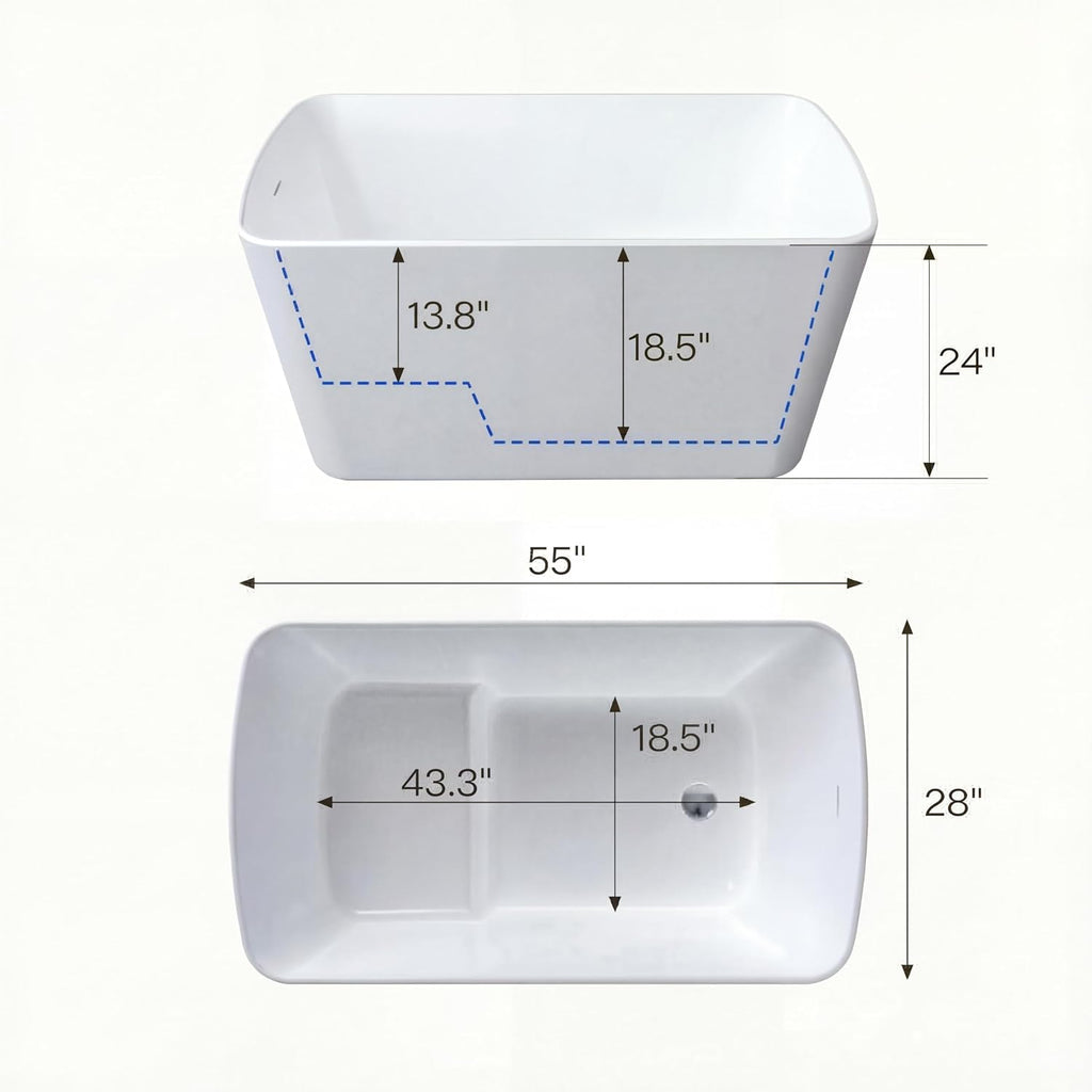 55' Acrylic Freestanding Bathtub - Japanese Square Soaking Tub with Built-in Seat, Toe-Tap Drain & Overflow, Glossy White, Compact Space-Saving Bath for Bathrooms
