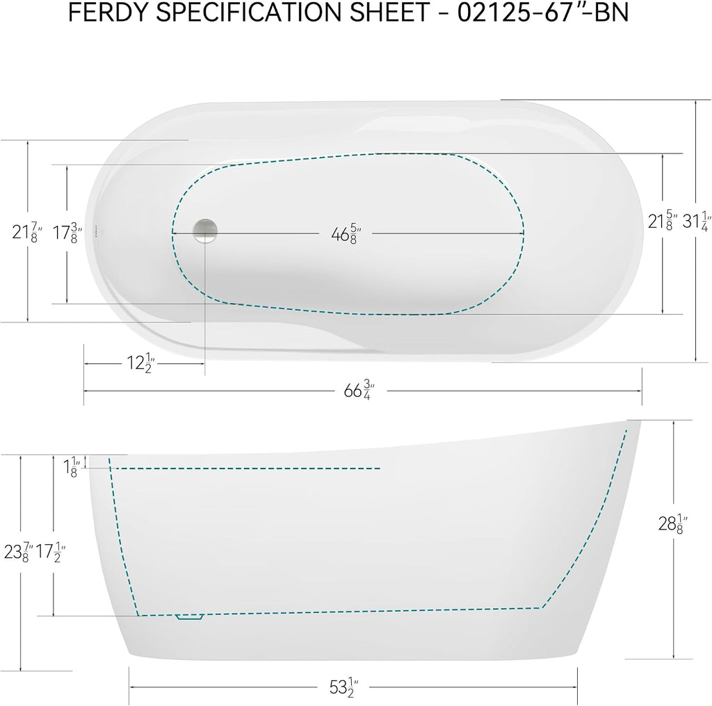 FerdY Lana'i 67' Freestanding Bathtub, Gracefully Shaped Freestanding Soaking tub, Glossy White, cUPC Certified, Brushed Nickel Drain Assembly Included