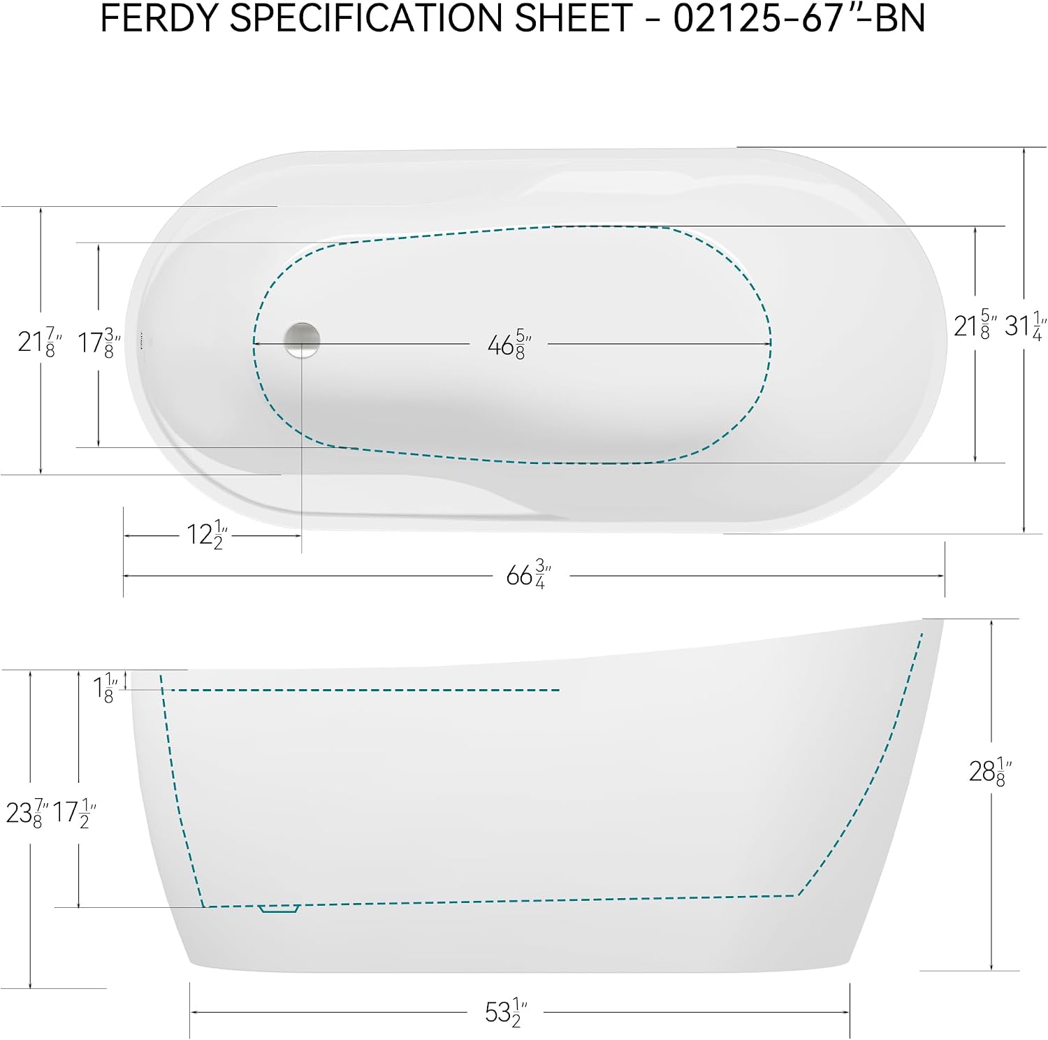 FerdY Lana'i 67' Freestanding Bathtub, Gracefully Shaped Freestanding Soaking tub, Glossy White, cUPC Certified, Brushed Nickel Drain Assembly Included