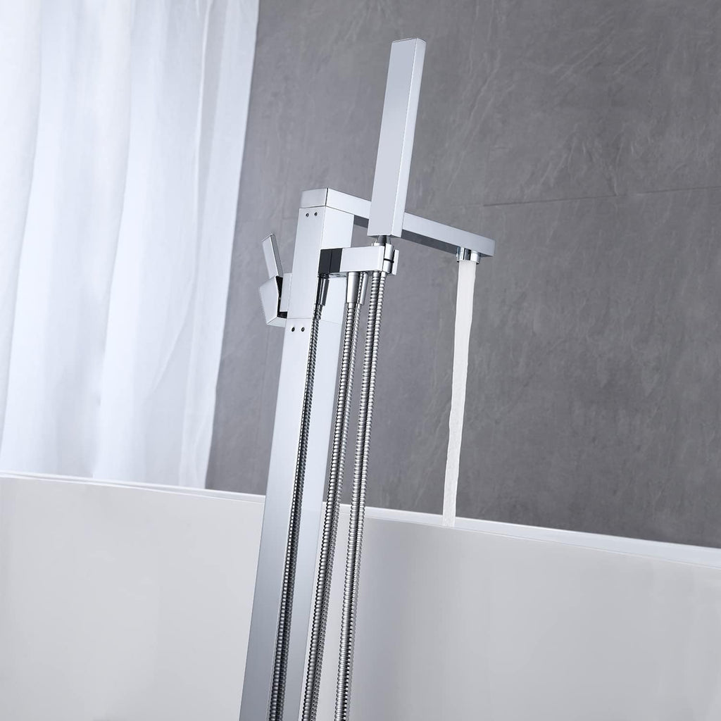 Wowkk Freestanding Bathtub Faucet Tub Filler Chrome Floor Mount Bathroom Faucets Brass Single Handle with Hand Shower
