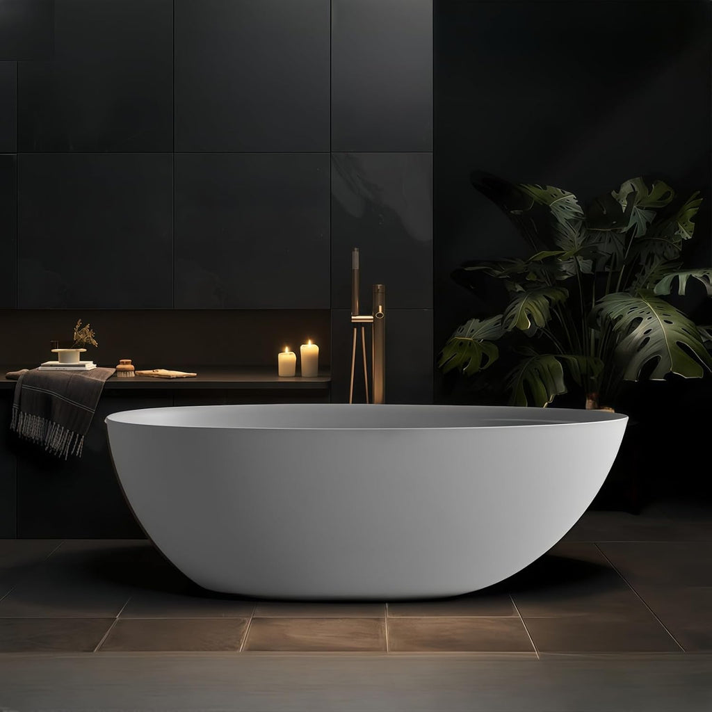 Freestanding Bathtub - Oval Solid Surface Bathtub, Ergonomic Soaker Tub, Modern Extra Deep Stand Alone Tub, with Drain, Suitable for Apartments, Villas, Hotels (Gray, 60')