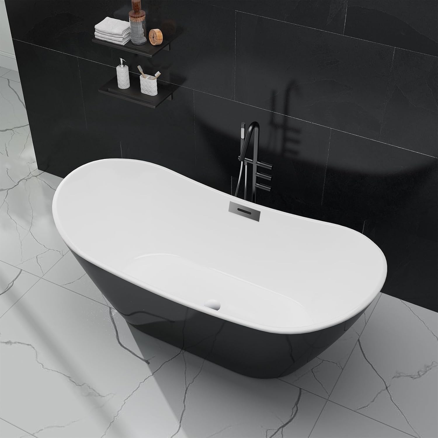 59' Freestanding Bathtub, Black Exterior White Interior Acrylic Stand Alone Soaking Tub, Modern Oval Bath with Ergonomic Design and Chrome Drain for Bathroom Remodel and Home Spa