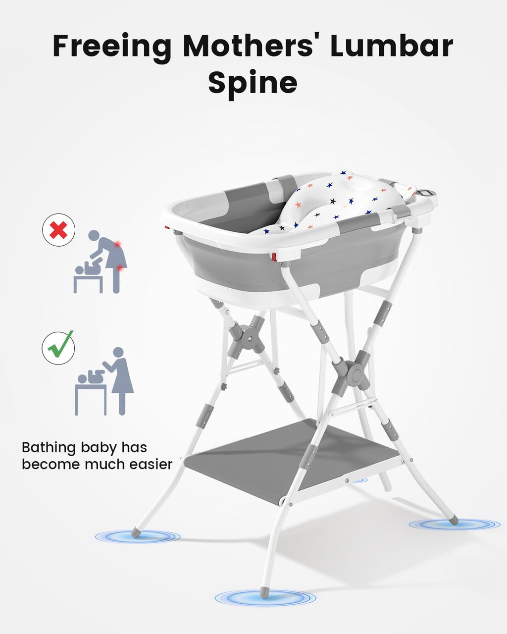 Baby Bathtub with Stand, 2-in-1 Collapsible Bath Tubs for Newborn to Toddler, Infant Bathtub with Folding Stand, Portable Bathtub for Baby Including Soft Cushion, Storage Pad (Gray)