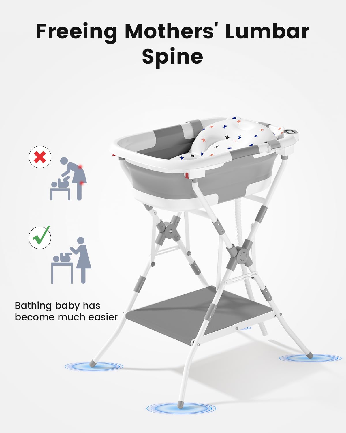 Baby Bathtub with Stand, 2-in-1 Collapsible Bath Tubs for Newborn to Toddler, Infant Bathtub with Folding Stand, Portable Bathtub for Baby Including Soft Cushion, Storage Pad (Gray)