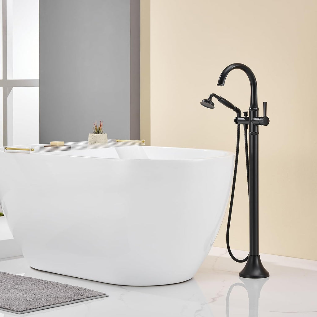 Wowkk Freestanding Bathtub Faucet Black Free Standing Tub Filler Brass Bathtub Faucets Floor Mounted Bathroom Tub Faucet with Hand Shower