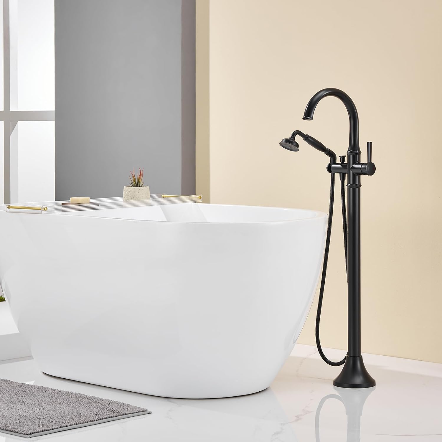 Wowkk Freestanding Bathtub Faucet Black Free Standing Tub Filler Brass Bathtub Faucets Floor Mounted Bathroom Tub Faucet with Hand Shower
