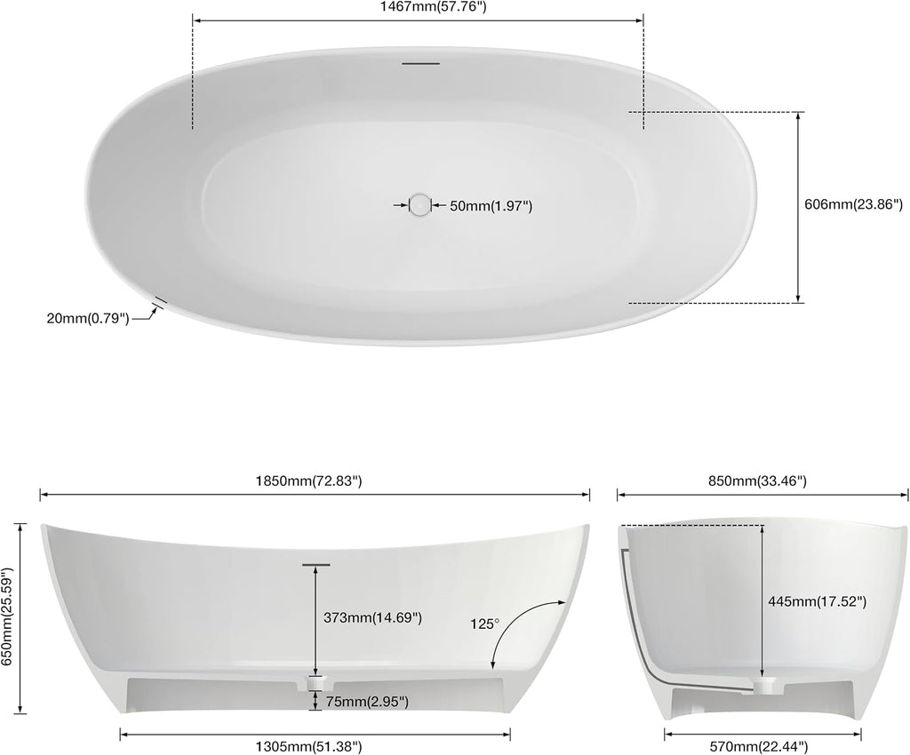 73'' Freestanding Bathtub, Stone Resin Free Standing Tub, High-Back Soaking Tub, Contemporary Design Stand Alone Tub with Pop-up Drain and Overflow, 2 Person Bathtub