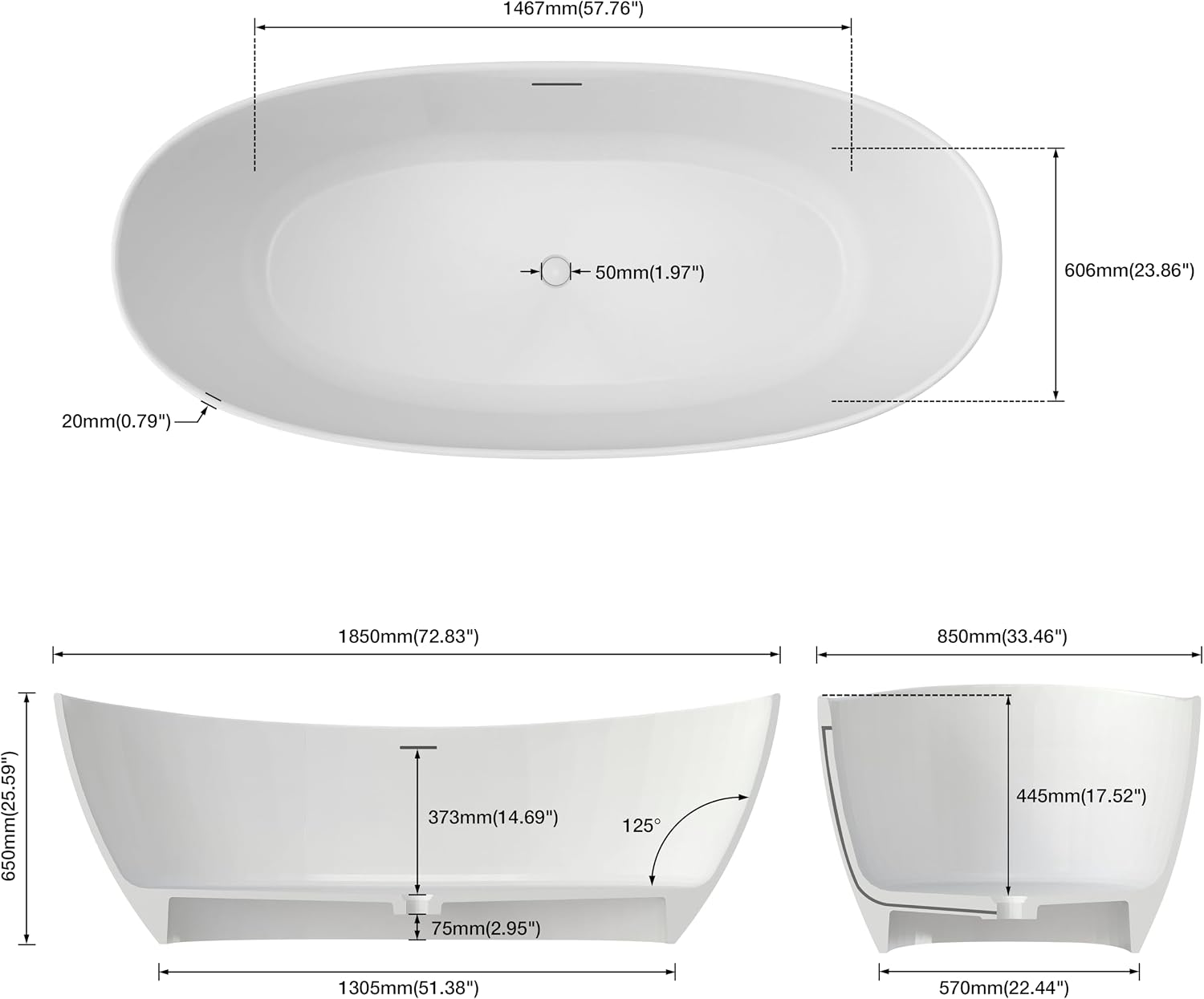 73'' Freestanding Bathtub, Stone Resin Free Standing Tub, High-Back Soaking Tub, Contemporary Design Stand Alone Tub with Pop-up Drain and Overflow, 2 Person Bathtub