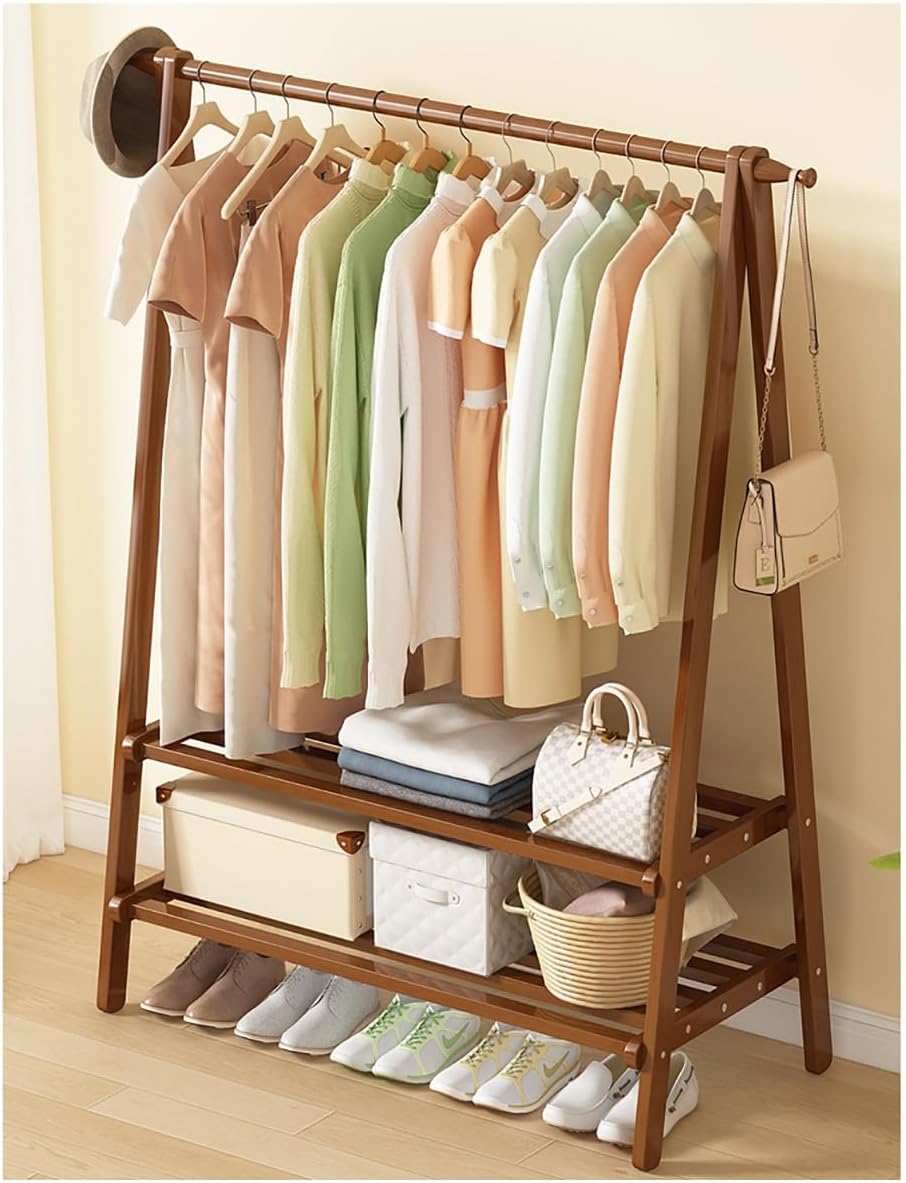 Free Standing Height Adjustable Coat Rack with Shoe Storage Shelfsolid Wood Bamboo Metal Treelike Coat Stand for Hats, Garments, and Clotheseasy Assembly and Collapsible