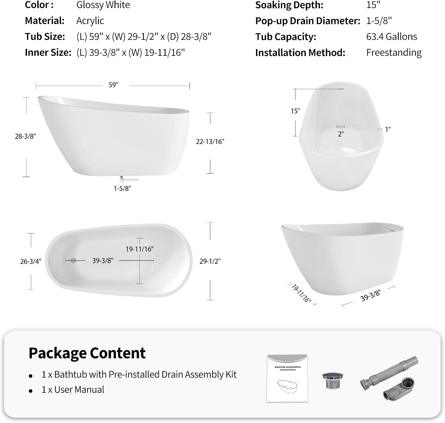 60' Acrylic Freestanding Bathtub, Deep Soaking Bathtub with Pop up Drain Integrated Overflow, Stand Alone Bath Tub for Bathroom Spa or Home Upgrade, Glossy White GF 26A04 60