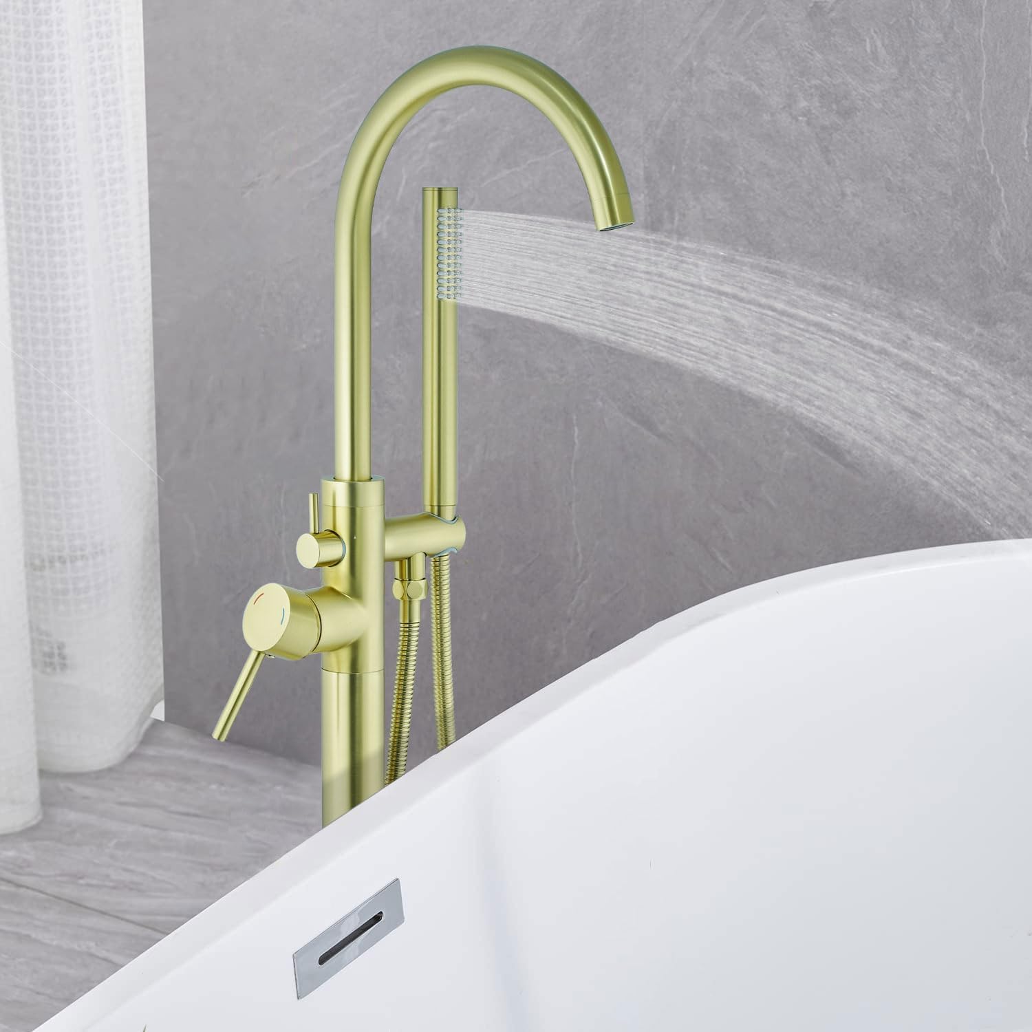 Free Standing Tub Faucet, Floor Mount Freestanding Tub Faucets, Brass Stand Alone Tub Filler, High Flow Bathtub Shower Mixer Tap (Brushed Gold)