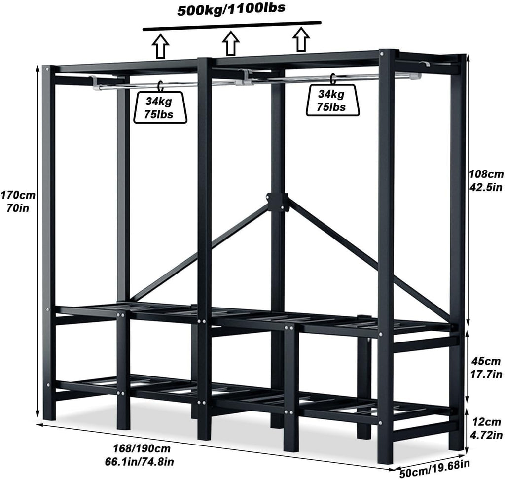 Portable Iron Rack Wardrobe Closet Rack - Large Capacity Floor Hanger, Heavy-Duty Foldable Garment Rack, 1100lbs, With Cover Wardrobe Clothes Organizer System, For Bedroom/corridor/entrance(B,190*50*1