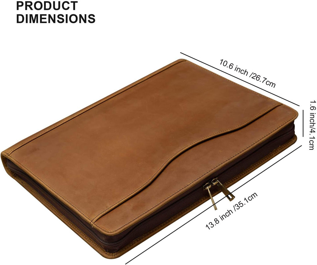 YIWEN Personalized Leather 3 Ring Binder Portfolio with Front Pocket, Zippered Padfolio for 8.5 x 11' Notepad and 13' Tablet, Professional Business Travel Organizer (Brown, Crazy Horse Leather)