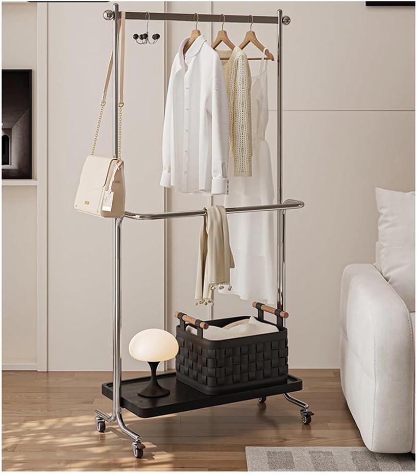 Floor-Standing Garment Rack, Freestanding Metal Coat Rack Stand, Modern Organizer with 4 Wheels for coats, Hat, scarf, jacket, purse(Black,60x40x177cm)