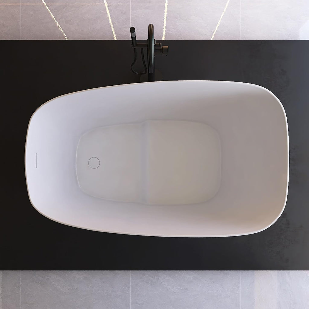 51' Japanese Soaking Bathtub with Seat, Solid Surface Matte White | Freestanding Deep Soaking Tub, Pop-Up Drain and Overflow, Resin Stone Stand Alone for Samll Bathroom