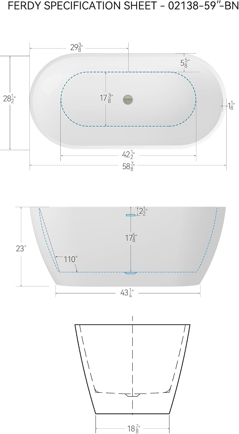 FerdY 59' Bali Elite Acrylic Freestanding Bathtub, Gracefully Shaped Freestanding Soaking Bathtub, cUPC Certified, Toe-Tap Brushed Nickel Drain& Bath Pillow for Bathtub,Thick Tub Pillows, Breathable 4