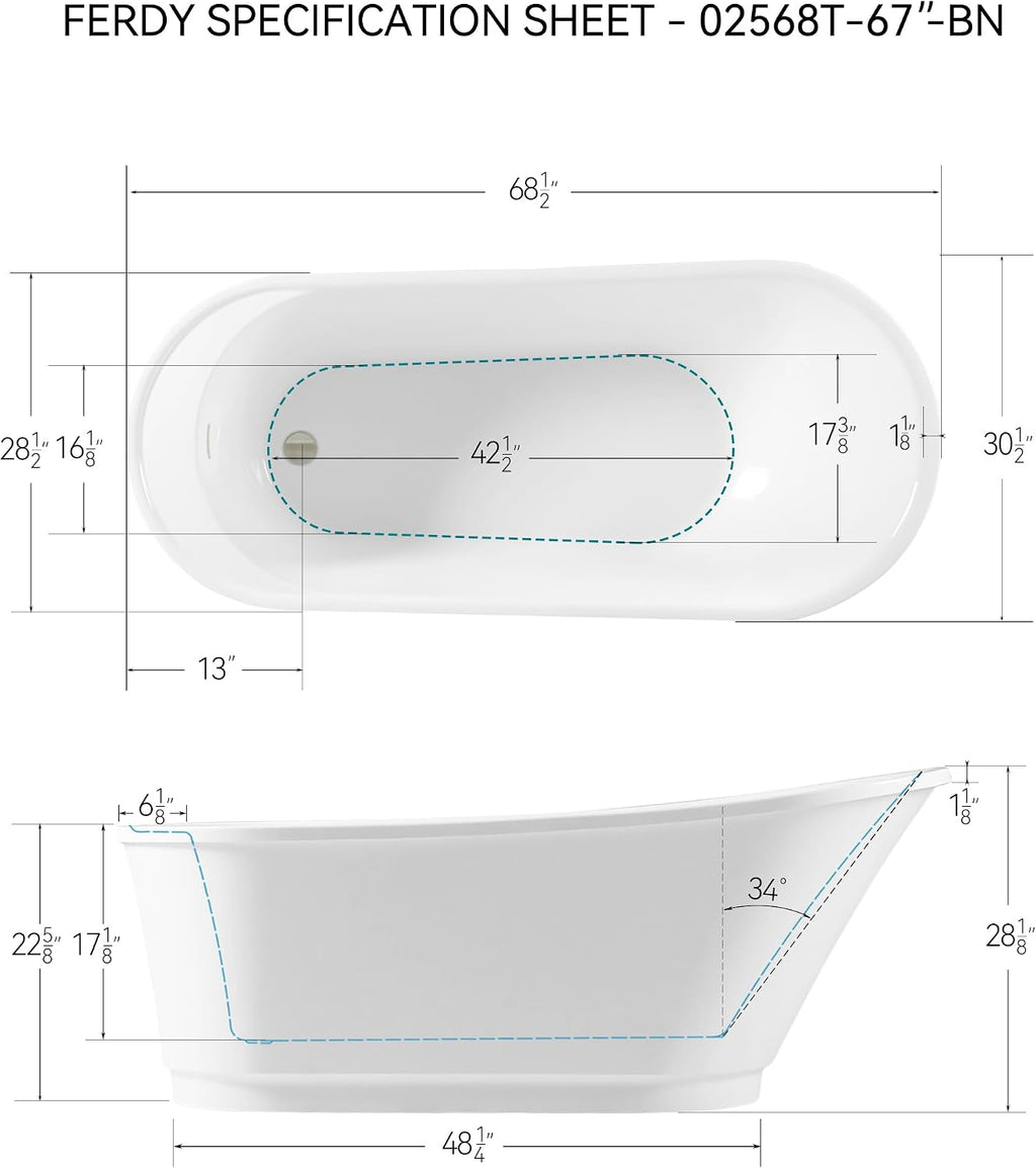 FerdY Langkawi 67' Acrylic Freestanding Bathtub, White Modern Stand Alone Soaking Bathtub, cUPC Certified, Brushed Nickel Drain and Minimalist Linear Design Overflow Included, Easy to Install