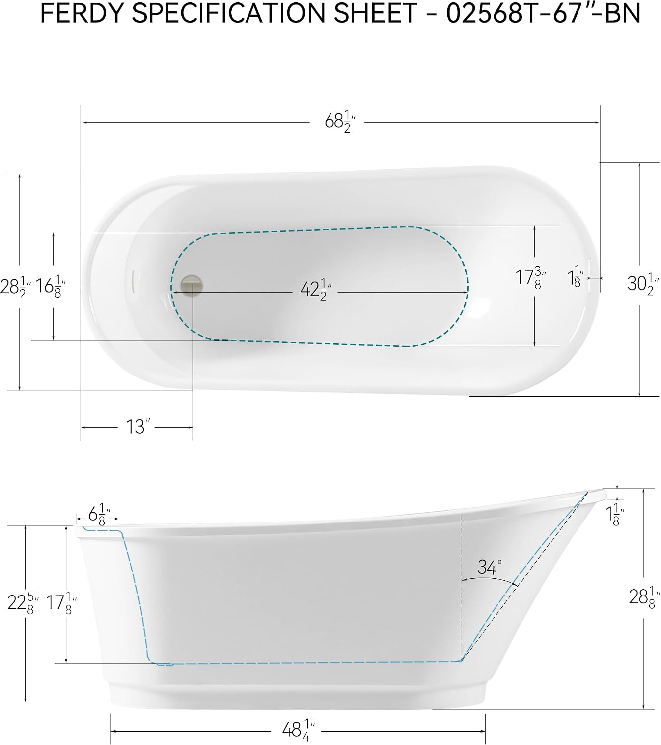 FerdY Langkawi 67' Acrylic Freestanding Bathtub, White Modern Stand Alone Soaking Bathtub, cUPC Certified, Brushed Nickel Drain and Minimalist Linear Design Overflow Included, Easy to Install