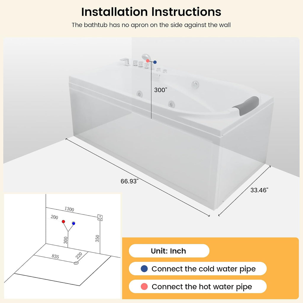 67' x 34' Acrylic Whirlpool Bathtub with Center Drain – 8 Hydro Jets, 750W Jetted Tub, Ergonomic Soaker, White