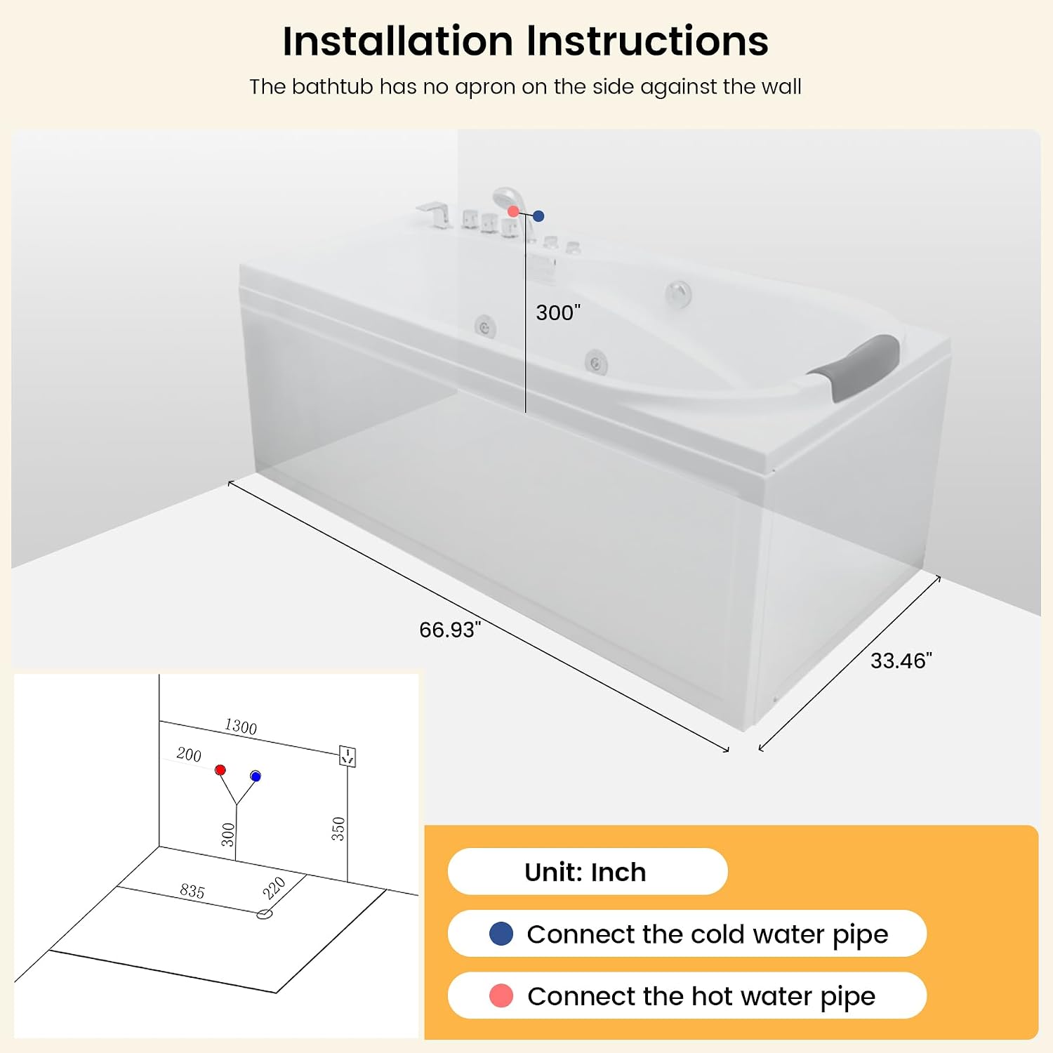 67' x 34' Acrylic Whirlpool Bathtub with Center Drain – 8 Hydro Jets, 750W Jetted Tub, Ergonomic Soaker, White