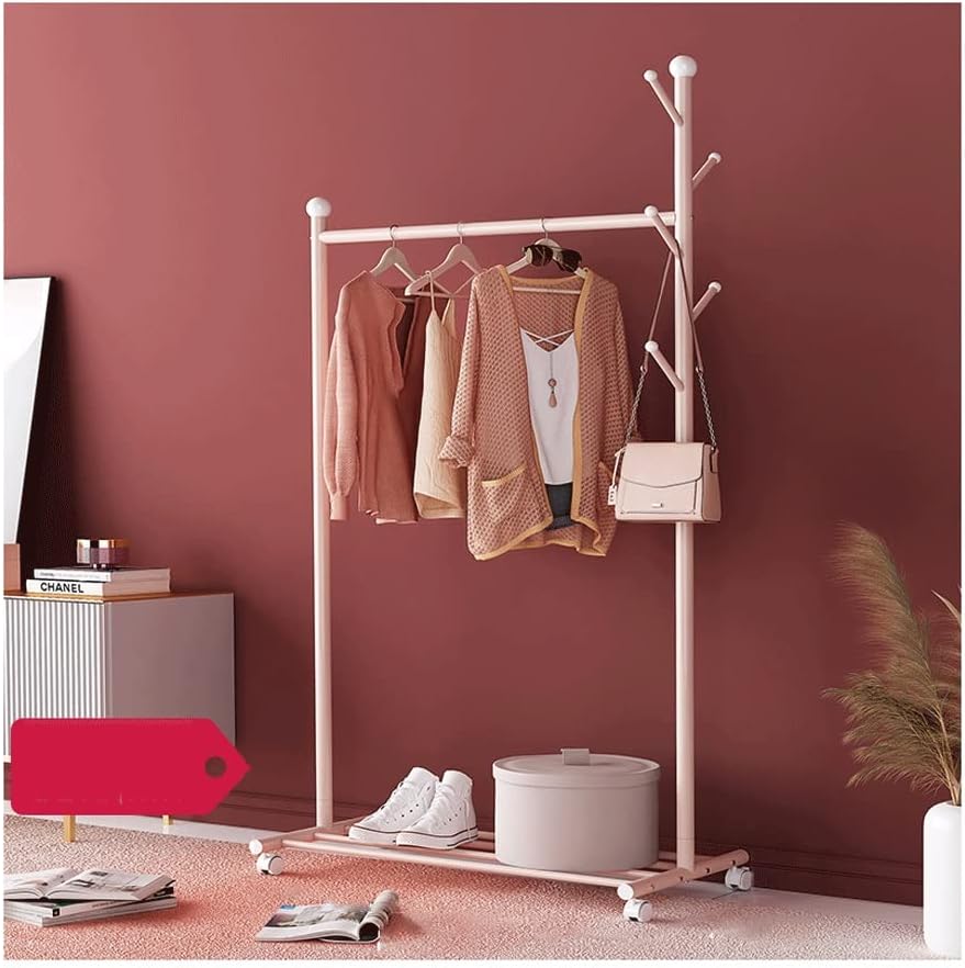 Single Rod Clothes Rack Small Rolling Clothing Garment Rack with Shelves for Hanging Clothes Heavy Duty Metal Wardrobe Rack Bedroom Storage Organizer Shelf (Pink-86X43X170cm