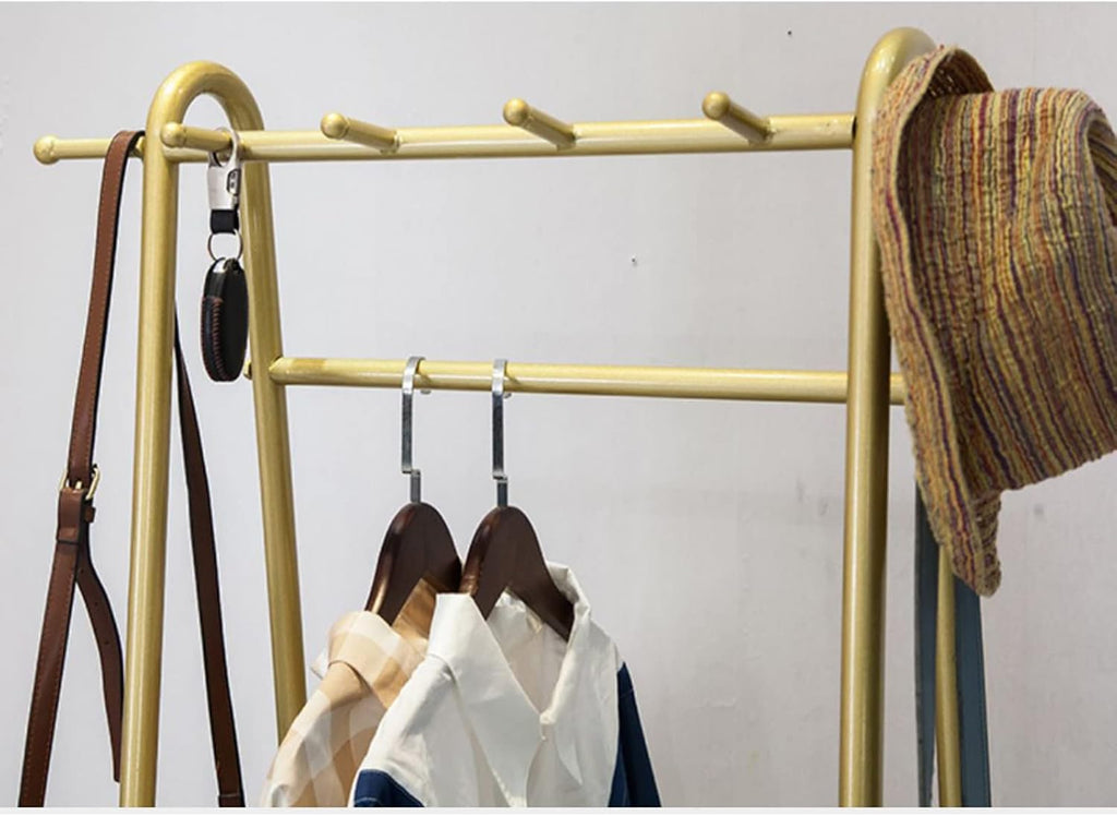 Heavy duty Garment rack Multipurpose Clothing Rack With 4 Hooks And 2 Tier Shelves Freestanding Coat Rack For Bedrooms And Small Spaces Metal Clothes Rail And Clothes Organizer, Gold, 50x40x158CM