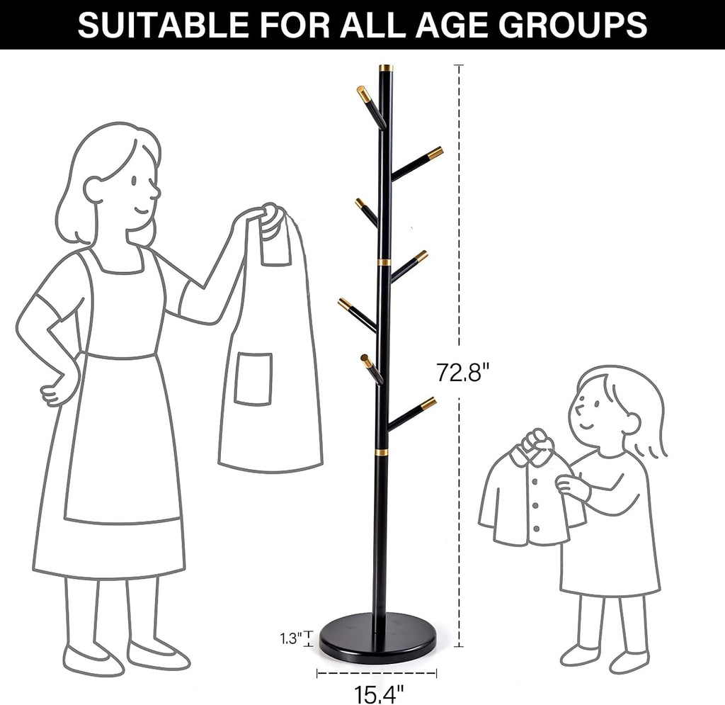 CozyDH Black Coat Rack Freestanding Solid Wood Coat Rack Stand, Coat Tree Freestanding with 7 Hooks Creative Tree Branch-look for Entryway, Hallway, Bedroom