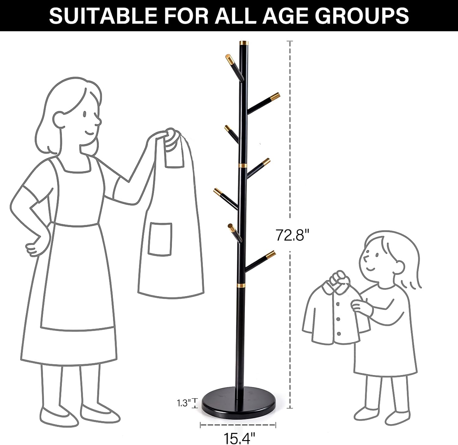 CozyDH Black Coat Rack Freestanding Solid Wood Coat Rack Stand, Coat Tree Freestanding with 7 Hooks Creative Tree Branch-look for Entryway, Hallway, Bedroom