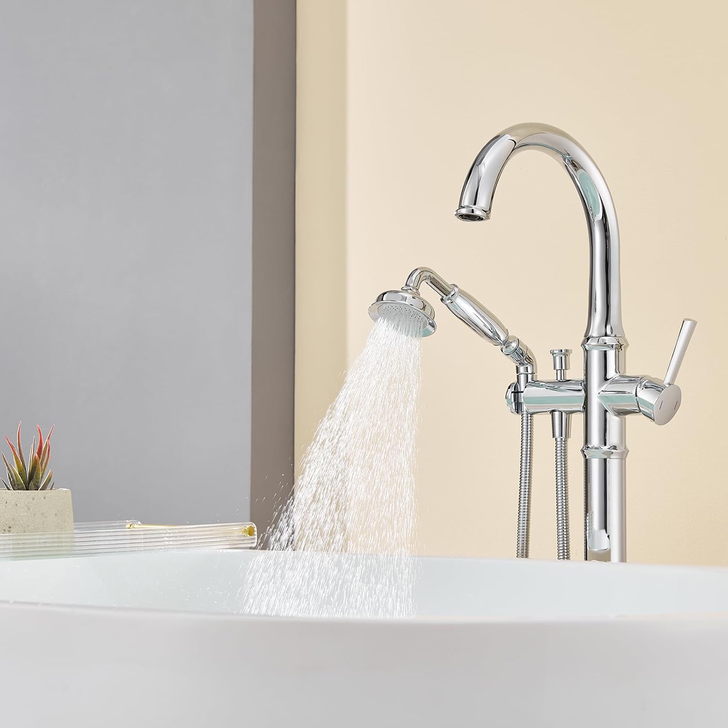 Wowkk Free Standing Tub Faucet Chrome Tub Filler Freestanding Bathtub Faucets Brass Tub Faucet with Hand Shower
