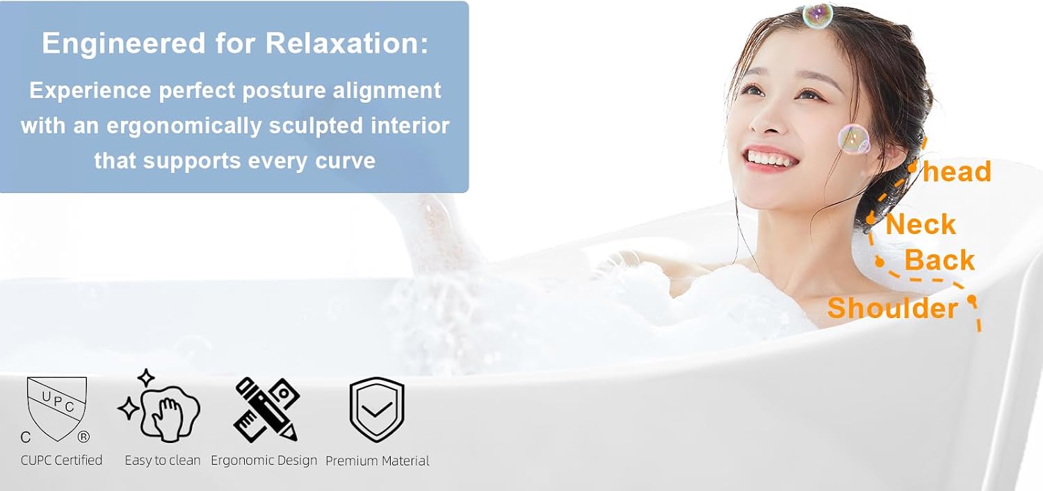 67' Acrylic Freestanding Soaking Tub, Gloss White with Chrome Overflow & Pop-Up Drain, cUPC Certified, Modern Luxurious Bathroom Bathtub