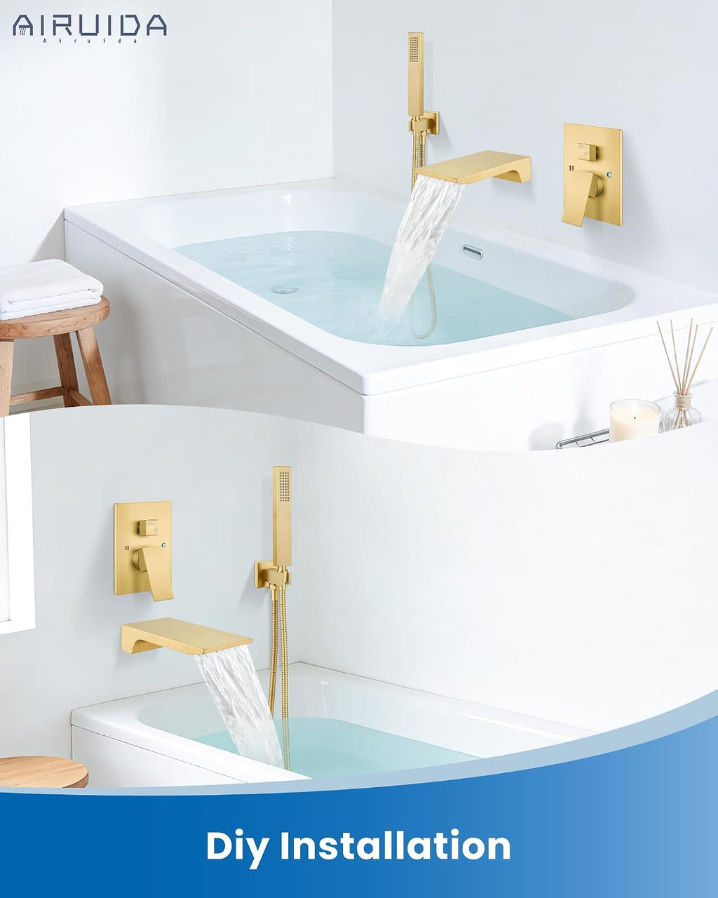 Airuida Wall Mount Tub Faucet with Waterfall Tub Spout Wall Mounted Bathtub Faucet with Handheld Shower Single Handle Tub Filler Shower Faucet Set with Rough-in valve Straight Spout Brushed Gold