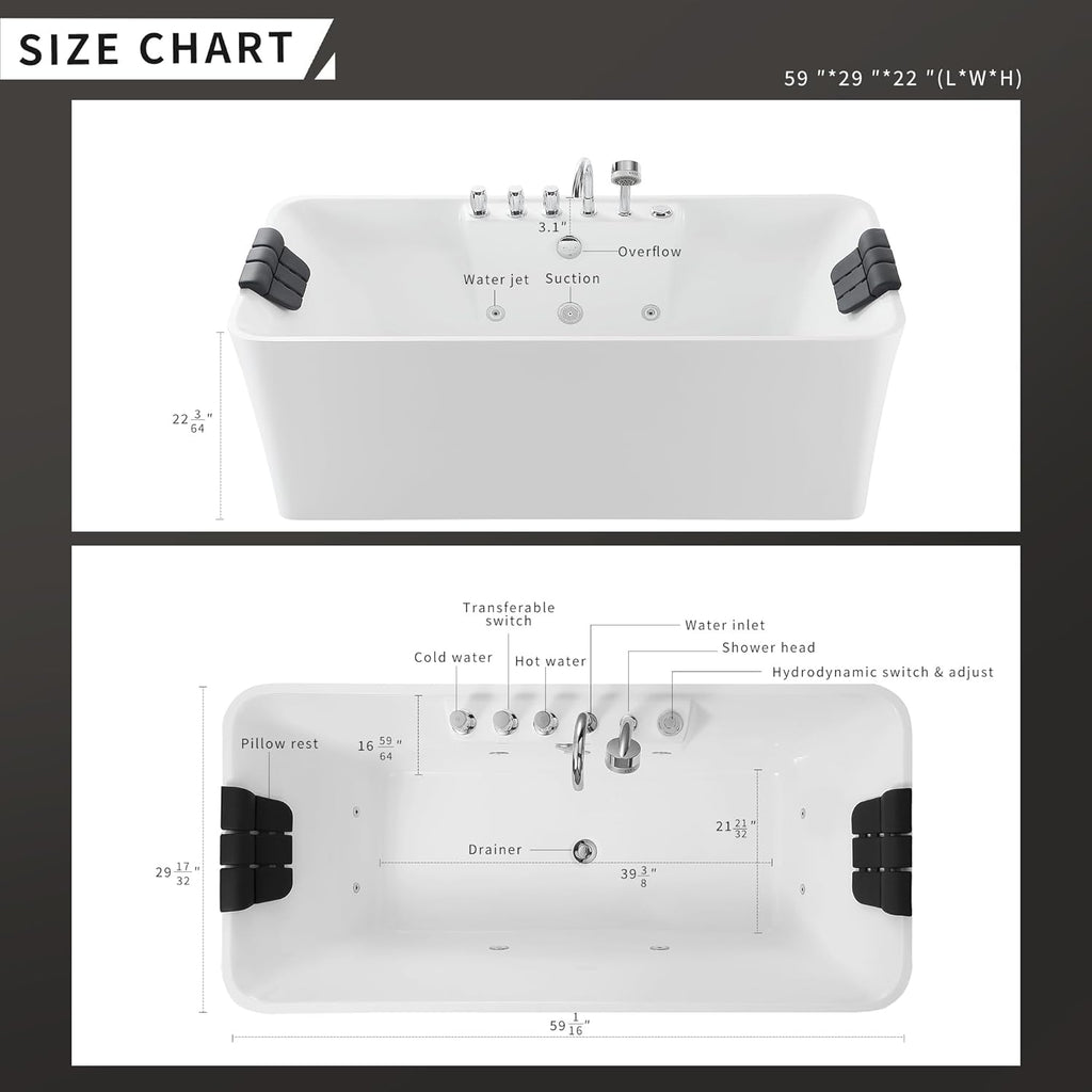 Empava 59-Inch White Freestanding Whirlpool Bathtub Rectangular with 8 Hydromassage Adjustable Water Jets